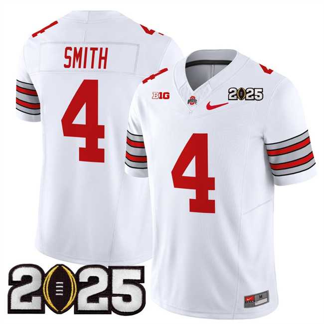 Mens Ohio State Buckeyes #4 Jeremiah Smith White 2025 CFP Final Patch F.U.S.E. Vapor Limited Stitched Football Jersey